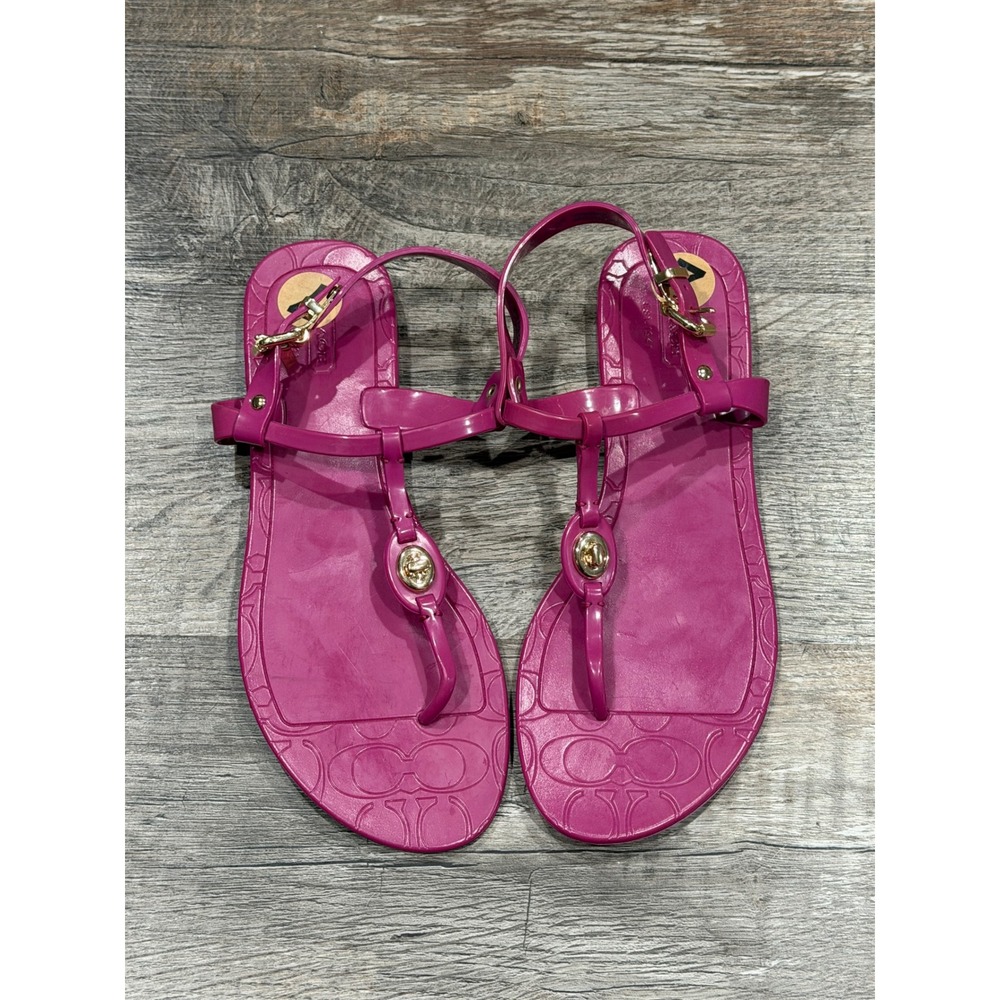 Coach Natalee Jelly Sandals Magenta Pink Signature C Logo T-Strap Thong Size 7